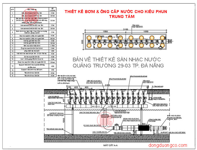 Thiết kế đường ống áp lực nhạc nước kết nối bơm và vòi phun.