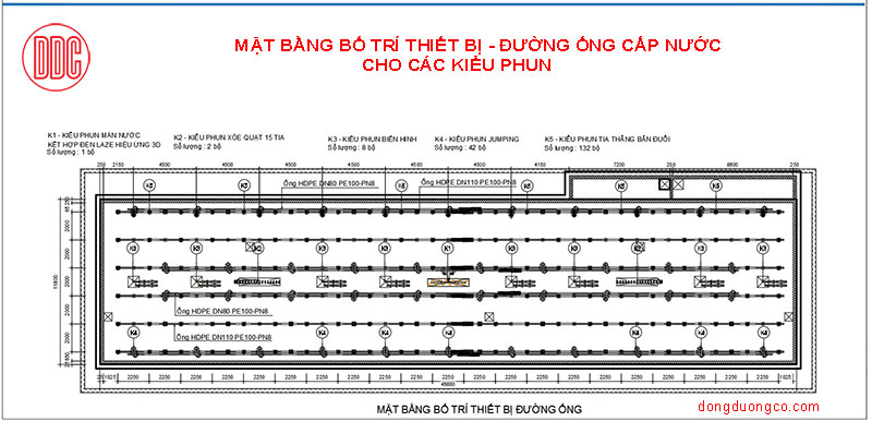 Thiết kế đường ống cấp nước nhạc nước trên mặt bằng tổng thể công trình.